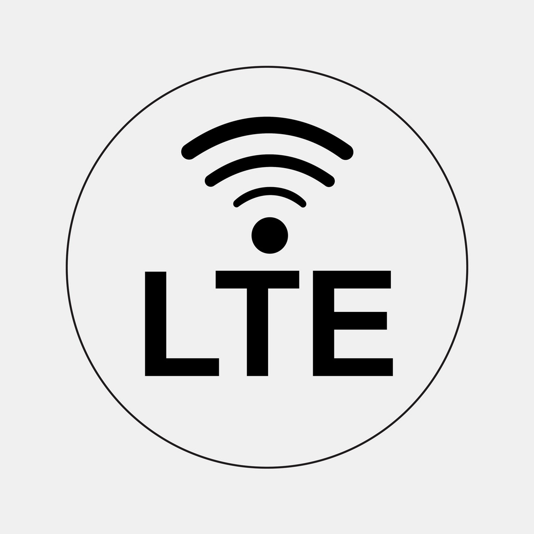 Minimalist icon representing LTE technology. The icon features three curved lines radiating upward from a single dot, resembling a Wi-Fi signal, with "LTE" written in bold capital letters below the symbol. All elements are enclosed within a circle.